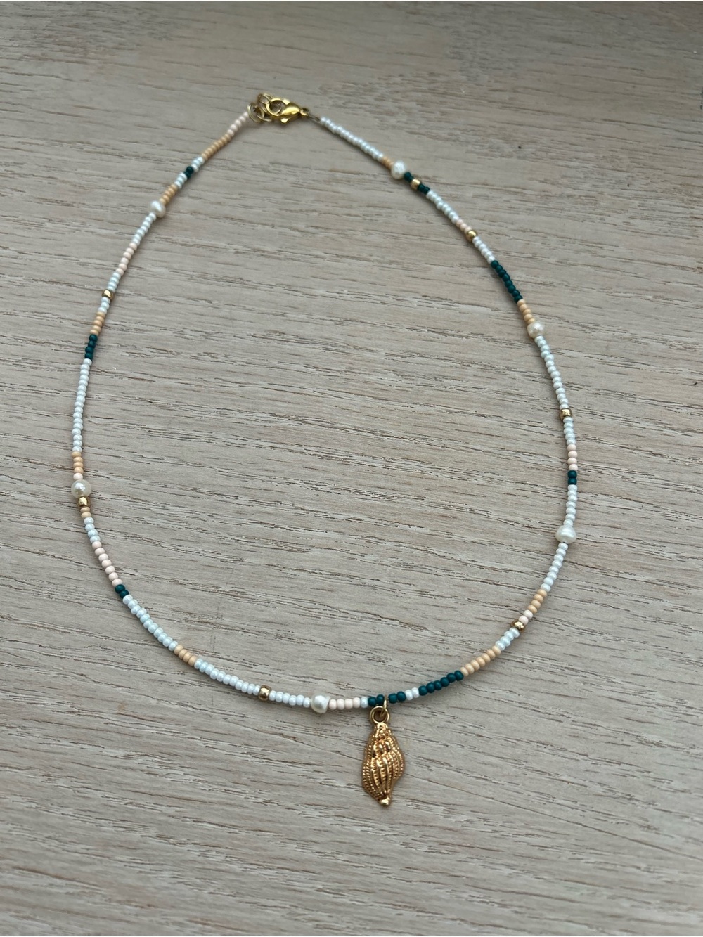 Gold Shell Charm Beaded Necklace - White, Teal & Cream